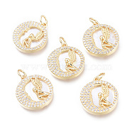 Brass Micro Pave Cubic Zirconia Pendants, with Jump Rings and Natural Shell, Long-Lasting Plated, Cadmium Free & Lead Free & Nickel Free, Flat Round with Angel, Clear, Real 18K Gold Plated, 18x16x3mm, Hole: 3.4mm(X-KK-I673-35G)