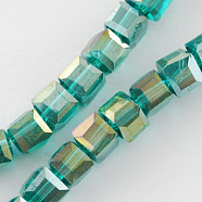 Electroplate Glass Beads Strands, AB Color Plated, Faceted, Cube, Teal, 8x8x8mm, Hole: 1mm, about 72pcs/strand, 21.6 inch(X-EGLA-R030-8x8mm-11)