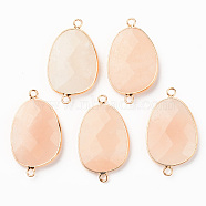 Natural Pink Aventurine Gemstone Links, with Light Gold Plated Edge Brass Loops, Oval, Faceted, 38x22.5x6mm, Hole: 2mm(G-R464-003B)