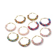 Glass Seed Beaded Hoop Earrings for Girl Women, with 304 Stainless Steel Ear Wire, Golden, Mixed Color, 49x8mm, Pin: 1mm(EJEW-JE04614)