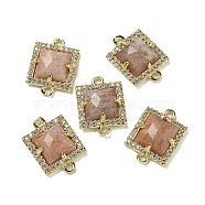 Natural Sunstone Faceted Square Links, Rack Plating Brass Micro Pave Clear Cubic Zirconia Connector Charms, Golden, 16x11.5x4.5mm, Hole: 1.4mm(G-I375-03G-04)