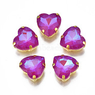 Sew on Rhinestone, Mocha Fluorescent Style, Multi-strand Links, Glass Rhinestone, with Golden Plated 201 Stainless Steel Prong Settings, Garments Accessories, Faceted, Heart, Medium Violet Red, 12x12x6mm, Hole: 1mm(GLAA-N048-002-05)