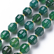 Natural Agate Beads Strands, Dyed, Faceted, with Seed Beads, Double Terminated Point Prism Beads, Bicone, Green, 10.5~12.5x10~11.5mm, Hole: 1.5mm, about 27~29pcs/strand, 14.25 inch~15.16 inch(36.2cm~38.5cm)(G-T131-118F)