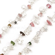 Natural Mixed Gemstone Chips Beaded Chains, with Brass Stars Charms, Unwelded, with Spool, Silver, 4x2.5x0.4mm, 3~8x2~3mm(CHC-M025-69S)