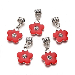 Alloy Enamel European Dangle Charms, with Rhinestone, Large Hole Pendants, Lead Free & Cadmium Free, Flower, Red, 34mm, flower: 21x18x3mm, Hole: 4.5mm(ENAM-F139-01A-AS-RS)
