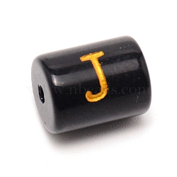 Painted Glass Beads, Black Column with Gold Letter, Letter.J, 13.7x10mm, Hole: 1.5mm(GLAA-TAC0009-01J)