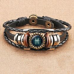 12 Constellations PU Leather Multi-strand Bracelets, Alloy Glass Flat Round Charm Bracelets for Men Women, Pisces, 7-1/8 inch(18cm)(WGFD09F-12)