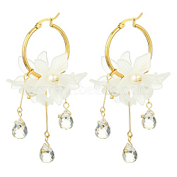 Acrylic & Glass & Shell Pearl Hoop Earrings for Women, Flower, White, Golden, 63x31mm(EJEW-TA00564)