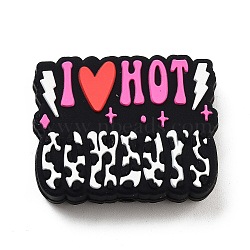 Word I Love Hot Food Grade Eco-Friendly Silicone Focal Beads, DIY Nursing Necklaces Making, Hot Pink, 24x30x7.5mm, Hole: 2.5mm(SIL-K004-11B)