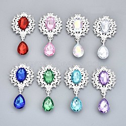 Alloy Flat Back Cabochons, with Acrylic Rhinestones, Oval and Teardrop, Silver Color Plated, Faceted, Mixed Color, 58x29x7mm, Pendant: 24.5x13x7mm(RB-S063-S)