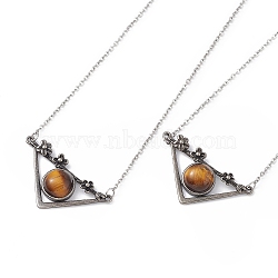 Natural Tiger Eye Triangle with Flower Pendant Necklace, Antique Silver & Platinum Brass Jewelry for Women, Cadmium Free & Lead Free, 19.76 inch(50.2cm)(NJEW-P274-01AS-01)