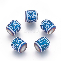 Electroplate Glass Beads, Frosted, Barrel with Vine Pattern, Blue Plated, 12x11.5mm, Hole: 3mm, 100pcs/bag(EGLA-T009-06A)