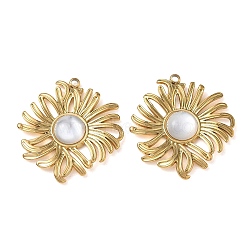 Natural Freshwater Shell Pendants, Flower Charm, with 304 Stainless Steel Findings, Ion Plating(IP), Long-Lasting Plated, 30x28x4.5mm, Hole: 1.6mm(SH-CBA11D7-31A-G)