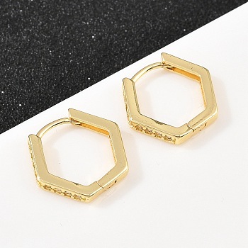 Hexagon Brass Cubic Zirconia Hoop Earrings, Cadmium Free & Lead Free, Long-Lasting Plated, Rack Plating, Real 18K Gold Plated, 15x17x2.5mm