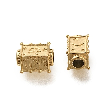 Ion Plating(IP) 304 Stainless Steel Beads, Rectangle with Word Love & Clover & Eye, Real 18K Gold Plated, 11x7x7mm, Hole: 3mm