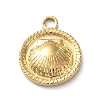 Ion Plating(IP) 304 Stainless Steel Pendants, Flat Round with Shell Charm, Golden, 18.5x15x3mm, Hole: 2.3mm