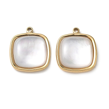 Natural Freshwater Shell Pendants, 304 Stainless Steel Square Charms, Real 18K Gold Plated, Ion Plating(IP), White, 18x16x4~4.5mm, Hole: 1.6mm