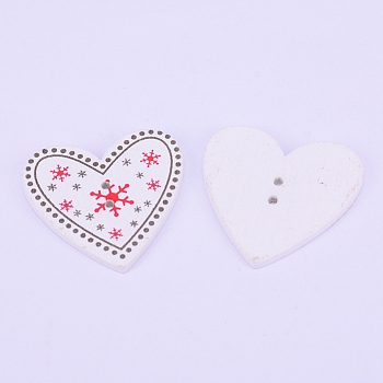 2-Hole Printed Wooden Buttons, for Sewing Crafting, for Christmas, Dyed, Heart with Snowflake Pattern, Colorful, 32.5x33.5x2.5mm, Hole: 2mm