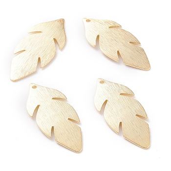 Brass Charms, Leaf, Real 24K Gold Plated, 30x13x1mm, Hole: 1.2mm