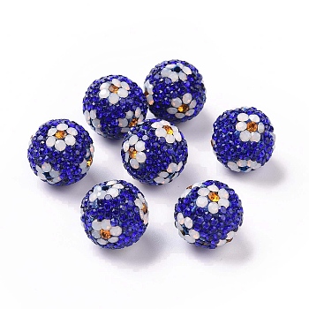 Polymer Clay Rhinestone Beads, Pave Disco Ball Beads, Round with Flower, Sapphire, 16mm, Hole: 1.6~1.8mm