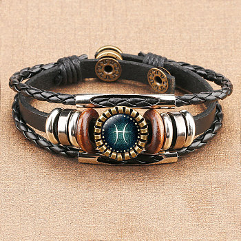 12 Constellations PU Leather Multi-strand Bracelets, Alloy Glass Flat Round Charm Bracelets for Men Women, Pisces, 7-1/8 inch(18cm)