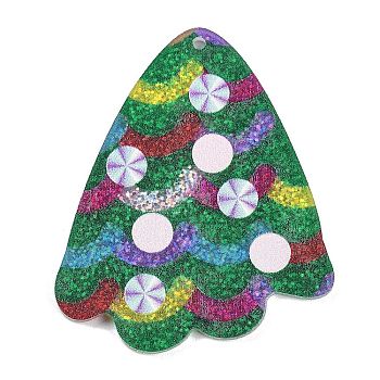 Christmas Theme Acrylic Pendants, with Glitter Power, Christmas Tree, 43.5x36x2mm, Hole: 1.8mm