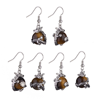 Natural Tiger Eye Dragon Dangle Earrings, Platinum Brass Jewelry for Women, 36mm, Pin: 0.6mm