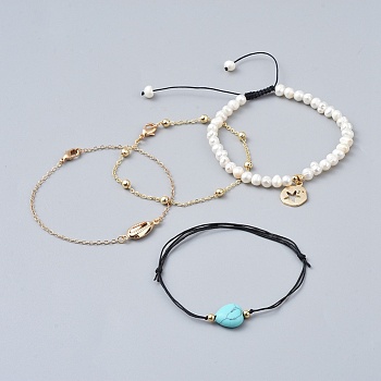 Bracelets Sets, with Nylon Cord, Synthetic Turquoise Beads, Pearl Beads and Brass Findings, 2"~3-1/8"(5~7.8cm), 7"~7-1/8"(17.9~18.2cm), 4pcs/set