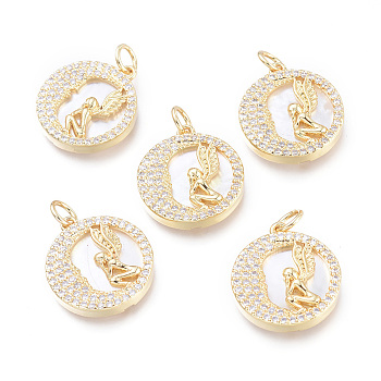 Brass Micro Pave Cubic Zirconia Pendants, with Jump Rings and Natural Shell, Long-Lasting Plated, Cadmium Free & Lead Free & Nickel Free, Flat Round with Angel, Clear, Real 18K Gold Plated, 18x16x3mm, Hole: 3.4mm