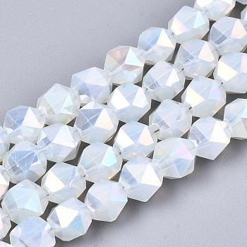 Electroplate Glass Beads Strands, Imitation Jade, AB Color Plated, Faceted, Round, Creamy White, 6x6x6mm, Hole: 1mm, about 100pcs/strand, 22.24 inhes(56.5cm)