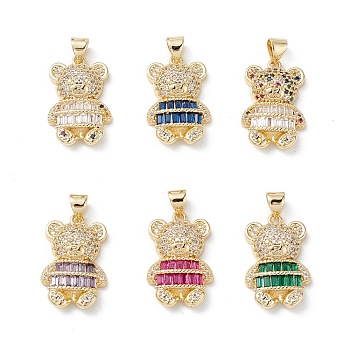 Brass Micro Pave Cubic Zirconia Pendants, Real 16K Gold Plated, Bear Charms, Mixed Color, 22x14x5mm, Hole: 5x3.5mm