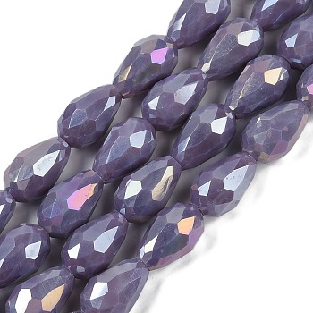 Opaque Solid Color Electroplate Glass Beads Strands, AB Color Plated, Faceted, Teardrop, Slate Blue, 8x6mm, Hole: 1.2mm, about 65~67pcs/strand, 20.08 inch(51cm)