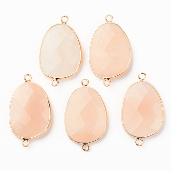 Natural Pink Aventurine Gemstone Links, with Light Gold Plated Edge Brass Loops, Oval, Faceted, 38x22.5x6mm, Hole: 2mm