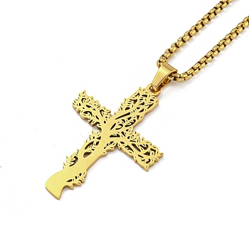 Vacuum Plating 201 Stainless Steel Pendant Necklaces for Man, Cross, Real 18K Gold Plated, 23.50 inch(59.7cm), Cross: 42x28x1.3mm