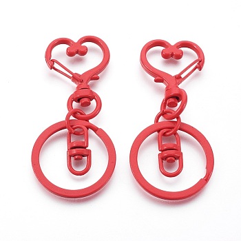 Iron Heart Split Key Rings, Keychain Clasp Findings, Lead Free & Nickel Free, Red, 68x30x6mm