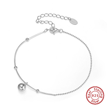 Rhodium Plated 925 Sterling Silver Round Ball Charm Bracelet with Snake Chains, with S925 Stamp, Real Platinum Plated, 6-3/4 inch(17cm)