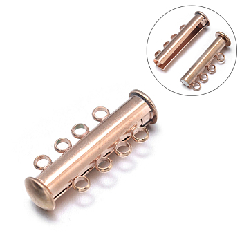 4-Strands 8-Holes Tube Brass Magnetic Slide Lock Clasps, Nickel Free, Rose Gold, 25x10x6mm, Hole: 2mm