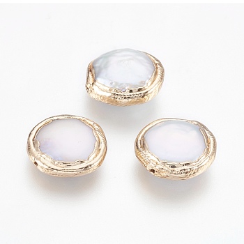 Natural Cultured Freshwater Pearl Beads, Edge Plated, Flat Round, Real 18K Gold Plated, 15~17x5~7.5mm, Hole: 0.6mm
