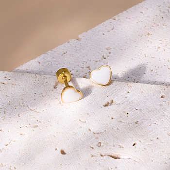 Heart Stainless Steel Stud Earring, with Enamel, Real 18K Gold Plated, White, 6x6mm