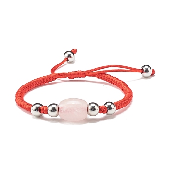 Natural Rose Quartz Barrel Beads Cord Bracelet for Her, Red, Inner Diameter: 2-1/8~3-1/8 inch(5.3~8cm)