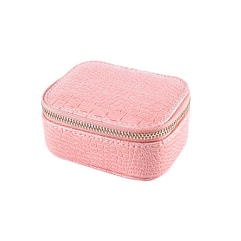 Rectangle PU Leather Jewelry Storage Zipper Boxes, Jewellery Organizer Travel Case, for Necklace, Ring Earring Holder, Pink, 7x9.5x5cm