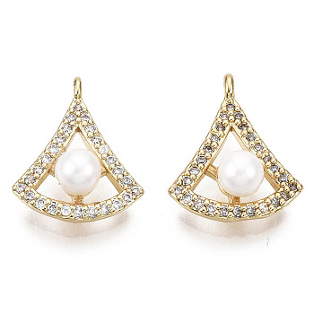 Brass Micro Cubic Zirconia Charms, with ABS Plastic Imitation Pearl Beads, Nickel Free, Real 18K Gold Plated, Triangle,  Creamy White, 14x11.5x5.5mm, Hole: 1.2mm