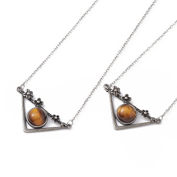 Natural Tiger Eye Triangle with Flower Pendant Necklace, Antique Silver & Platinum Brass Jewelry for Women, Cadmium Free & Lead Free, 19.76 inch(50.2cm)