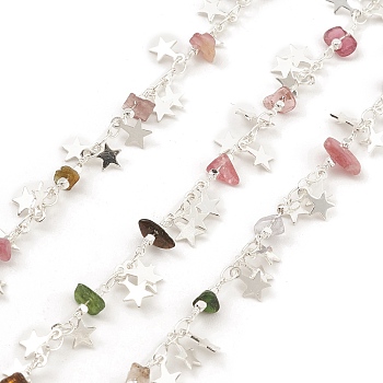 Natural Mixed Gemstone Chips Beaded Chains, with Brass Stars Charms, Unwelded, with Spool, Silver, 4x2.5x0.4mm, 3~8x2~3mm