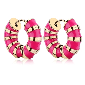Enamel Striped Thick Hoop Earrings, Golden 316 Stainless Steel Jewelry for Women, Hot Pink, 18x20.5x6mm, Pin: 0.9mm