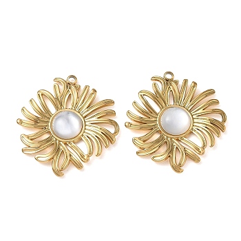Natural Freshwater Shell Pendants, Flower Charm, with 304 Stainless Steel Findings, Ion Plating(IP), Long-Lasting Plated, 30x28x4.5mm, Hole: 1.6mm