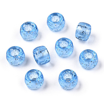 Transparent Plastic Beads, with Glitter Powder, Barrel, Light Sky Blue, 9x6mm, Hole: 3.8mm, about 1900pcs/500g
