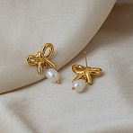 304 Stainless Steel Dangle Stud Earrings for Women, with Resin Beads, Bowknot, Real 18K Gold Plated, 26.5x20mm(EJEW-F414-01G)