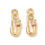 Brass Micro Pave Cubic Zirconia Pendants, Brooch Shape Charms, Nickel Free, Real 18K Gold Plated, Clear, 9x3.5x2mm, Hole: 1mm(KK-A281-25B-G)