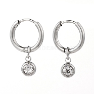 304 Stainless Steel Huggie Hoop Earrings, with Rhinestone Birthstone Charms, Flat Round, Crystal, Stainless Steel Color, 22mm, Pin: 1mm(X-EJEW-JE04449-02)